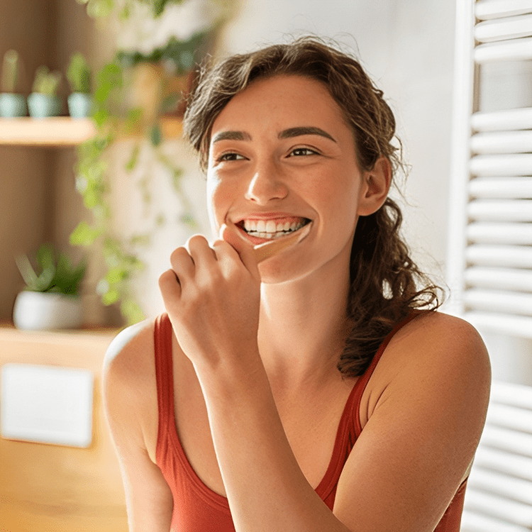 A woman brushing her teeth at home